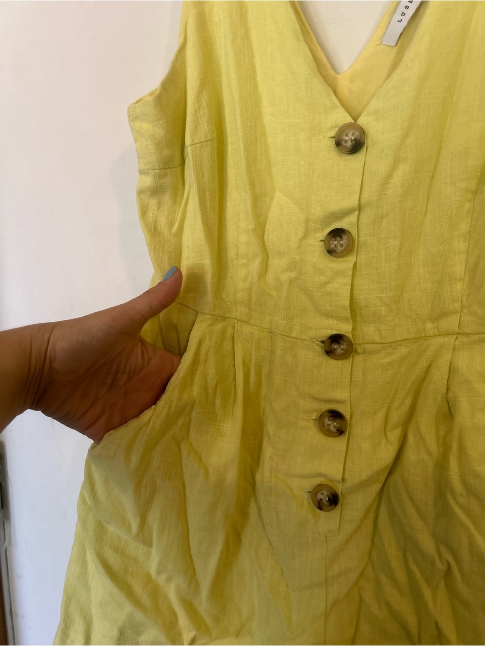 Lush Medium Linen Blend Yellow V-Neck Button-Front Romper - Picture 6 of 11